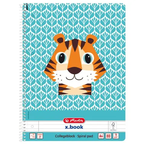 herlitz Tiger A4-Spiralnotizbuch, niedliche Tiere, Lineatur 27, 80 linierte Blätter