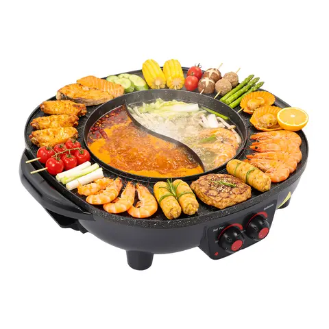 2-in-1 Elektrischer Griller Heisser Topf, 2000W, geteilter Yin-Yang-Hotpot, zwei unabhängige Drehregler, Antihaft-Beschichtung, herausnehmbare Ölwanne für 5-6 Personen