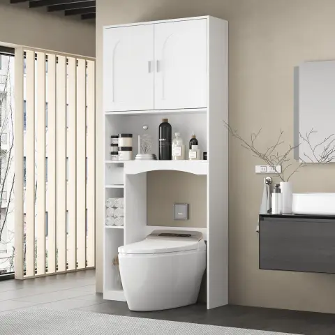 Caldion Badezimmer-Wandschrank für Toilette, weiß, 2 Türen, mehrere Regale, Toilettenschrank mit Stauraum