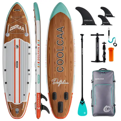 COOLCAA Dolphin Series Inflatable Stand Up Paddle Board 11'8" Set with Carbon Fiber Paddle (Wood Grain)