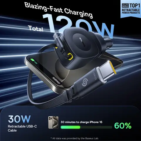 Baseus PrimeTrip VR2 Max Car Charger with Retractable Cable 3C+U 60W Cosmic Black