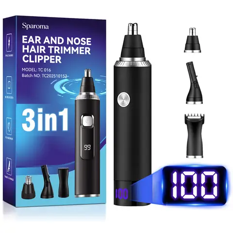 Sparoma 3-in-1 Neustrimmer voor Mannen – Neus- en Oortrimmer met Wenkbrauw- & Precisietrimmer, 7800 RPM Motor, 120 Min Gebruikstijd, IPX7 Waterdicht, RVS Dubbel Mes, LED Display, USB-C Oplaadbaar – TC-016, Zwart