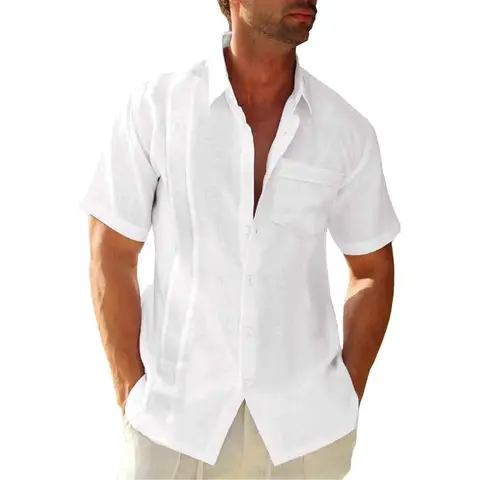 Men's Short Sleeve Cuban Camp Guayabera Shirt Linen Cotton Hippie Beach Button Down Shirts (white, 3XL)