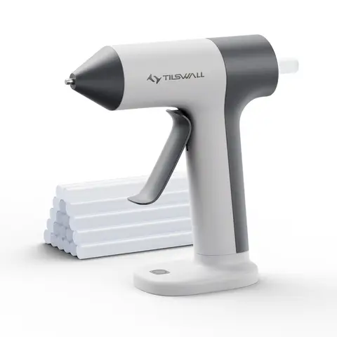 Tilswall Mini pistolet à colle sans fil rechargeable USB-C avec 20 bâtons de colle 7 x 140 mm - Blanc