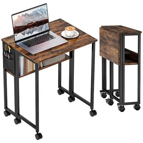 HOMCOM Folding Desk with Storage Shelf and Bag, 63 cm Foldable Computer Desk Rustic Brown