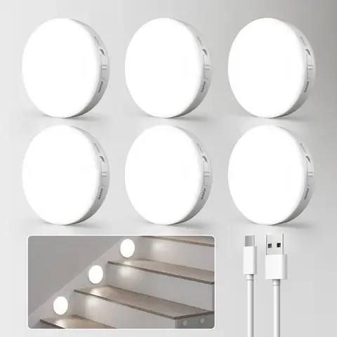  Motion Sensor Lights Indoor,6 Pack Wireless LED Rechargeable Magnetic Stick on Wall Night Light,Battery Operated USB Charging,Stair, Corridors, Closet, Kitchen Light Under Cabinets Puck Light