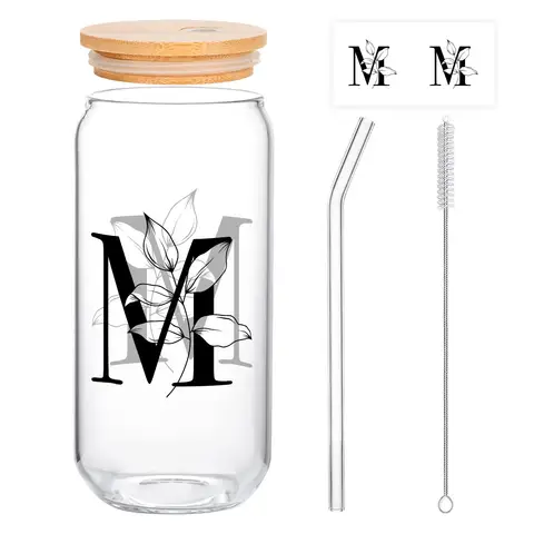 Alphynix 1pc Modern Glass Cup, 500ml Tall Iced Coffee Glass with Monogram "M" Design, Bamboo Lid & Straw, Cold Drink Tumbler for Iced Tea, Juice, Boba