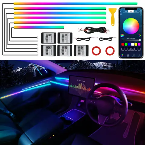 Dreamcolor Acrylic Interior Car LED Strip Light with Wireless APP, RGB 10 in 1 with 175 inches 593 Neon Car Ambient Lighting Kits, Dynamic Chasing Music Sync LEDs Fiber Optic Strip Lights for Car