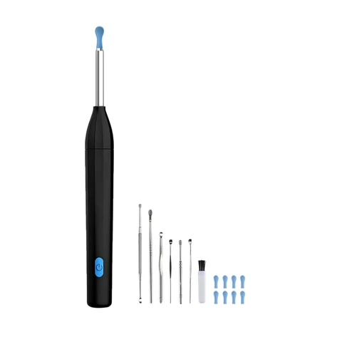 Sunluxy Visual Ear Cleaning Scoop, 5MP HD Camera, 6 LED Lights, Soft Silicone Tip, IPX5 Water Resistant, Type-C Charging, Compatible with iOS and Android, Includes 6 Replacement Silicone Ear Spoon Tips and 6 Ear Cleaning Tools, P2, Black