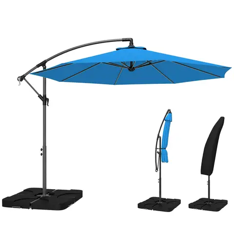 Outsunny 3 m Cantilever Parasol with Umbrella Weights, Cross Base, Offset Outdoor Umbrella with Protective Cover, Crank Handle, Blue