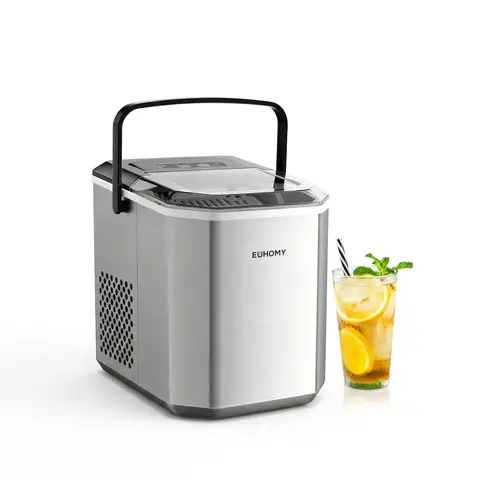 EUHOMY Eiswürfelmaschine, 9 Würfel in 6 Min, Bullet-Eismaschine, 2 Würfelgrößen, Edelstahl-Eiswürfelmaschine zum Aufsetzen auf der Arbeitsplatte, 12 kg/Tag Eiswürfelbereiter, Silber, für Zuhause/Küche/Büro/Wohnmobil