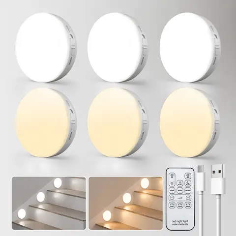  Motion Sensor Lights with Remote Control, 3 Color Temperatures, 6 Pack Wireless LED Rechargeable Night Lights, Magnetic Stick-On, Battery Operated USB Charging for Stairs, Corridors, Closet, Kitchen, Under Cabinets