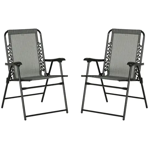 Outsunny Set of 2 Patio Folding Chair Set, Garden Portable Outdoor Chairs with Armrest and Breathable Mesh Fabric Seat and Backrest, for Camping, Beach, Deck, Lawn, Grey