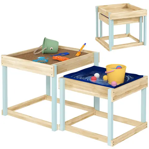 AIYAPLAY 2 PCS Wooden Sandpits, Outdoor Sand and Water Play Tables with Bottom Liner, Picnic Sensory Table for Kids Aged 3-8 Years Old, Natural Wood Finish