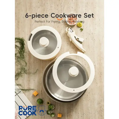PURECOOK 304 Drievoudig RVS Anti-Aanbakken 6-Delig Kookgerei Set Serie | Buitenkant: Off-Wit Keramische Coating, Binnenkant: 304 RVS, Afneembaar Handvat + Siliconglas Deksel (18cm Melkkoker, 22cm Soepketel, 26cm Koekenpan)