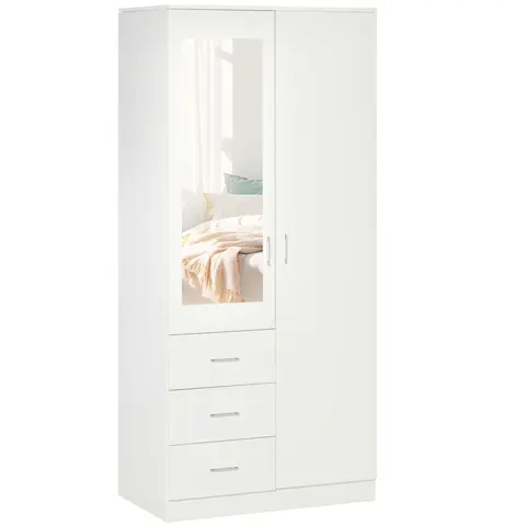 HOMCOM 2 Door 3 Drawer Mirrored Wardrobe with Rail, Modern Clothes Storage Cupboard with Mirror, Drawers and Adjustable Shelves for Bedroom, 80 x 50 x 180 cm, White