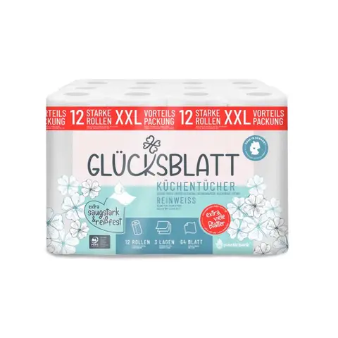Glücksblatt Küchentücher, Weiß, 12 Rollen x 64 Blatt, 3-lagig
