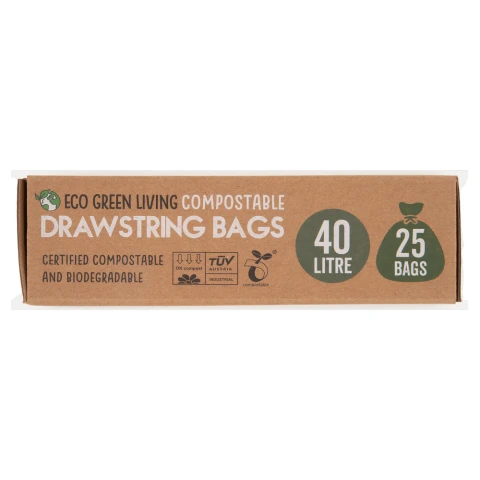 Eco Green Living Compostable Drawstring 40L Bin Bags (25 Bags) 25g