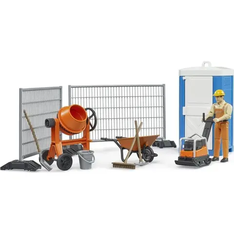 bruder 62008 - Bworld Baustellenset mit Bauarbeiter, Rüttelplatte, Mischmaschine, WC, Baustellenzaun - Zubehör Baustelle, Straßenbau, Baufahrzeuge