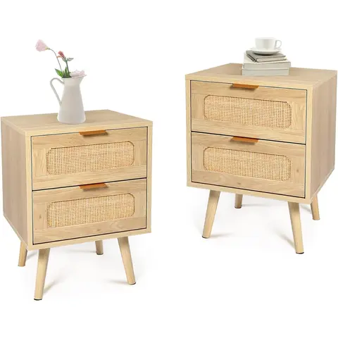 GRAVFORCE Bedside Table Set of 2 Modern Side End Table with Drawers Slim Bedside Tables for Bedroom Living Room Solid Wood Legs 2 Drawer