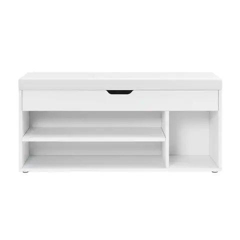 Ochama x SONGMICS Storage Bench with Cushion, Shoe Bench with Padded Seat, Entryway Bench with 3 Compartments, Hidden Storage, Shelves, White