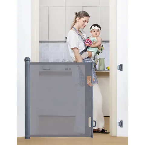 COMOMY Retractable Safety Gate 0 to 180cm, Extendable Barrier for Babies, Cats and Dogs, One-Hand Operation, Space Saving, Baby Stair Gate for Stairs/Railings/Outdoor, White