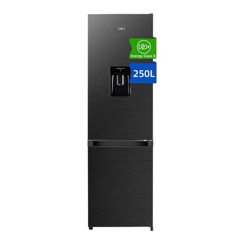CHiQ JKR250WDGD 54cm Wide 181cm Tall Total No Frost Freestanding Fridge Freezer with Water Dispenser - 250L - Premium Black Steel - D Rated