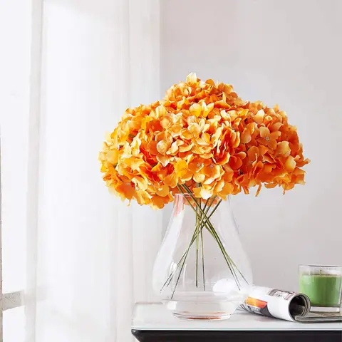 Yuejia 5Pcs 13in/33cmArtificial Hydrangea Silk Flowers Head for Wedding Centerpieces Bouquets DIY Floral Decor Home Decoration with Long Stems(orange)