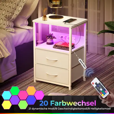 LED Nachttisch mit Ladestation & 2 Staufächern - Kleiner Nachttisch mit Doppel-Steckerleiste & 2 USB - Schmaler Nachttisch für Schlafzimmer, Wohnzimmer, Sofa, Couch