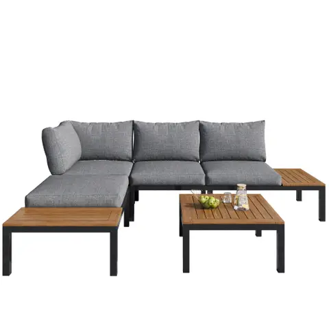 Garten-Lounge-Set (2 Zweisitzer, 2 Beistelltische, 1 Tisch), Grau