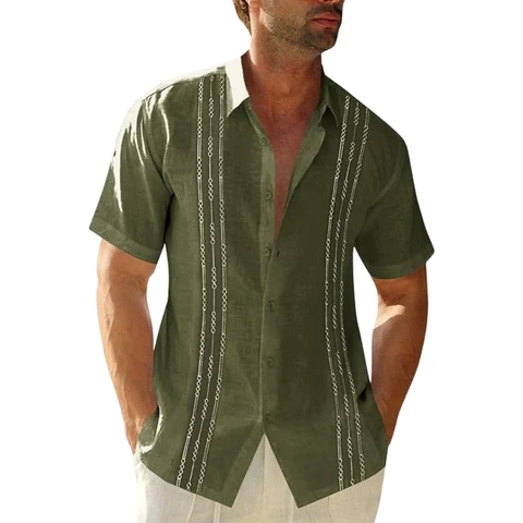 Men's Short Sleeve Guayabera Shirts Linen Cotton Button Down Mexican Embroidered Cuban Wedding Shirt Summer Beach Tops (militarygreen, 3XL)