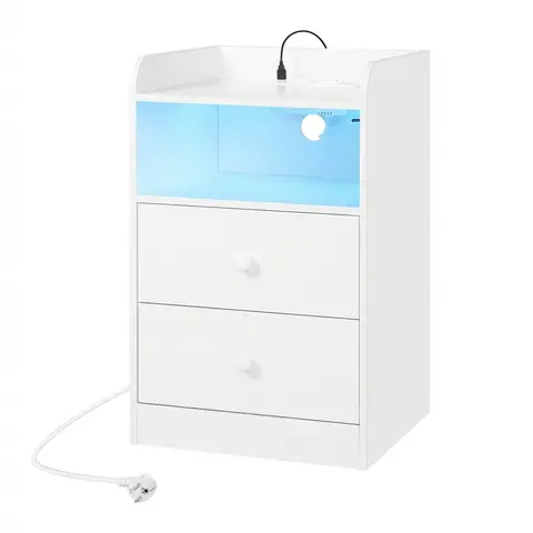 WOLTU Nachttisch mit Ladestation & LED, 2 Schubladen, Weiß, USB & Steckdosen, 40x35x64 cm