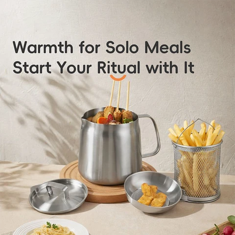 PURECOOK 304 Edelstahl Ölfiltertopf Serie – 2,0L 3-teiliges 304 Edelstahl Ölfiltertopf-Set (mit Edelstahldeckel, Sieb für das Abgießen von Öl und Frittierkorb)