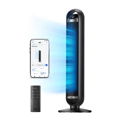 DREO Ventilateur colonne intelligent, ventilateur de sol 25 dB avec télécommande pour chambre, contrôle via application et commande vocale, oscillation de refroidissement à 90°, 8 vitesses, 4 modes, minuterie de 8 heures