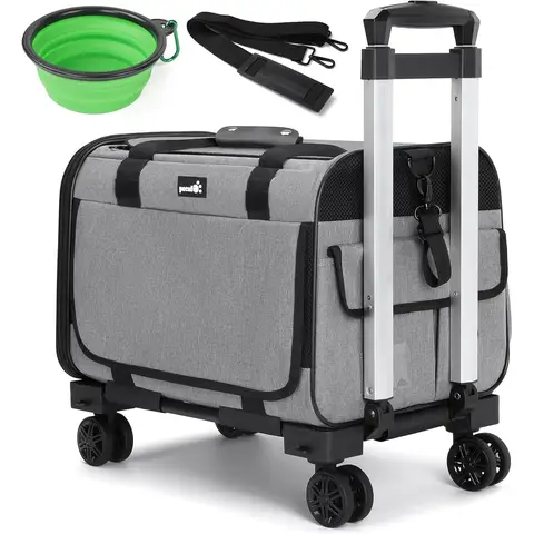 pecute Cat Carrier with Wheels， Pet Travel Carrier with Sunshade， Aluminum Alloy Tie Rod Silent Wheel， Pet Carrier Foldable for Cats Puppies(18" L x 12" W x 13" H)