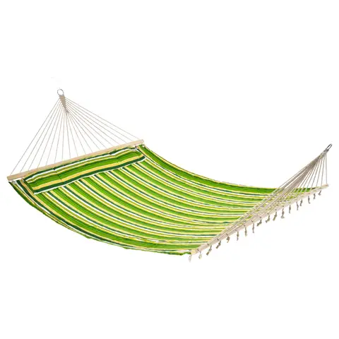 Outsunny Double Cotton Hammock Camping Swing Outdoor Garden Beach Stripe Bed with Pillow, 188 x 140 cm, 180 KG Capacity, Green