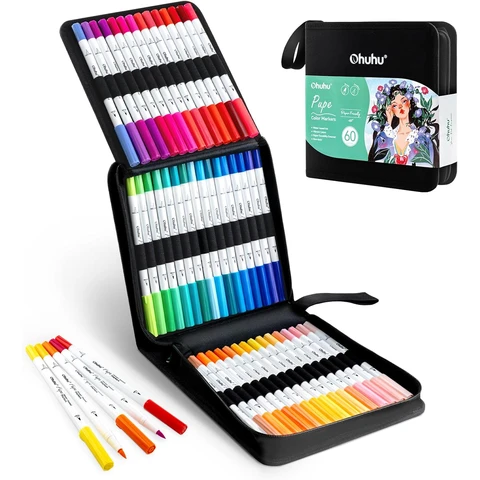 Ohuhu 60 Colours Colouring Pens, Paper-Friendly No Peeling Water-Based Markers, Dual Tips Brush Pens for Adult Colouring Books, Coloring Markers for Calligraphy Drawing Journal - Pupe Series