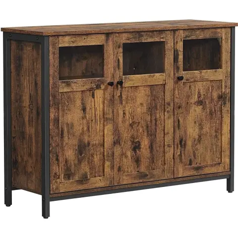 VASAGLE Anrichte, Sideboard-Schrank mit Glastüren, Buffet-Tisch, für Esszimmer, Wohnzimmer, Küche, Stahlrahmen, Industrie-Look, Rustikal Braun und Tintenschwarz ULSC099B01