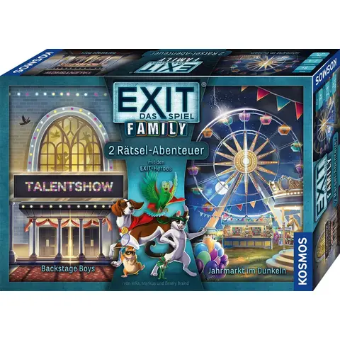 Kosmos 685379 EXIT® - Das Spiel Familie, Zwei Rätselabenteuer Backstage Boys + Jahrmarkt im Dunkeln, Escape Room Spiel für die Familie, EXIT Game für Familie und Kinder ab 8 Jahren