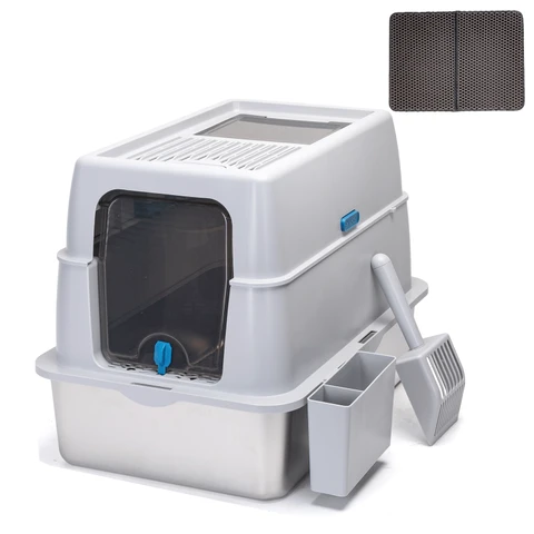 Nobleza Closed stainless steel cat litter box/With cat litter mat and cat litter scoop/L60*W40*H44cm/Grey/UKHigh-quality stainless steel, wear-resistant and scratch-resistant;Large size, more comfortable and spacious;Easy to clean, no odor;Complete accessories