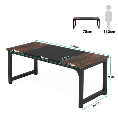 Tribesigns Desk, Computer Table, PC Table, Work Table, Dining Table, Black, for Home Office, Conference Table (Rustic Brown/Black, 180 x 80 x 75 cm)