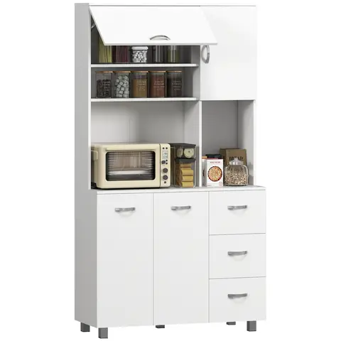 HOMCOM Kitchen Cupboard, 183cm Tall Storage Cabinet with Countertop, Sideboard with 3 Small Drawers, Flip Up Top Door, 3 Cabinet Doors and Open Shelves, 100W x 39.5D x 183.5H cm, White