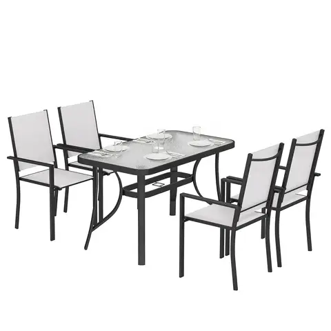 Outsunny 5 Piece Garden Dining Set, Garden Table and Chairs Set with Stackable Chairs, Glass-Top Table, Umbrella Hole, Metal Outdoor Furniture with Texteline Seat for Patio Porch Terrace, Light Grey