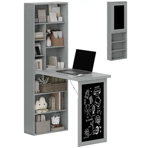 HOMCOM Wall Mounted Computer Desk, Space Saving Folding Study Table with Black Board, Bookshelf, Floating Writing Desk Grey