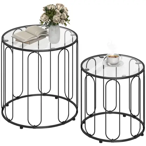 HOMCOM Round Coffee Table Set of 2, Glass Nest of Tables with Metal Frame and Glass Tabletop for Living Room Black