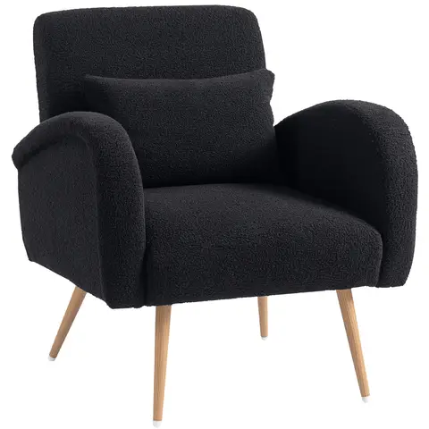 HOMCOM Modern Accent Chair, Teddy Fleece Upholstered Armchair with Lumbar Pillow, Metal Legs, Reading Lounge Chair for Living Room, Bedroom, Black