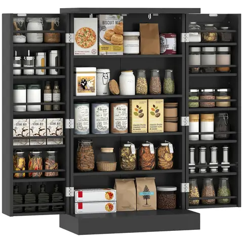 HOMCOM Kitchen Cupboard, 104cm Freestanding Pantry Cabinet, Kitchen Storage Organiser with Double Doors, 5 Tiers Black