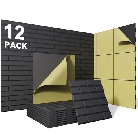 12 Stück, Selbstklebende akustische Schallabsorber, 30×30 cm Steinoptik Polyester-Schalldämmung, Wand-Geräuschreduzierungsplatten für Spielezimmer Studio Büro Schwarz