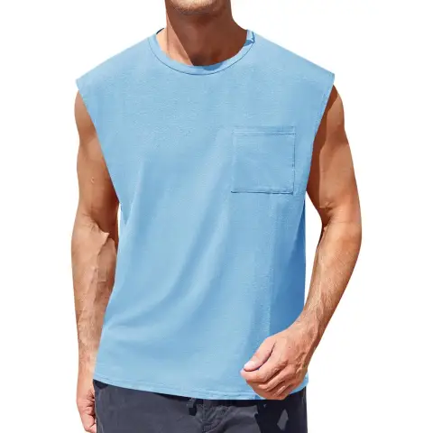 Men's Sleeveless Tank Tops Workout Cut Off Shirts Muscle Gym T Shirts with Pocket (blue, M)