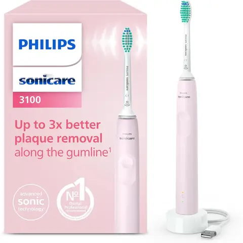 Philips Sonicare 3100 Series Elektrische Schallzahnbürste mit integriertem Drucksensor, SmarTimer und QuadPacer, HX3671/11, Pink